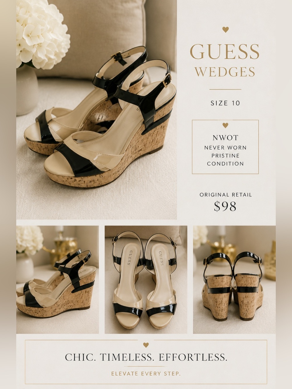 Guess Black Patent and Beige Cork Wedge Sandals